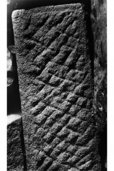 Detail of Roman stone in souterrain.
Glass negative.