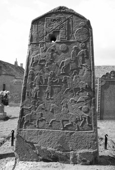 Reverse of Aberlemno no 2, the Churchyard cross slab, showing Pictish symbols and battle scene.