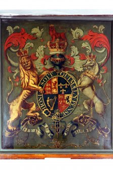 Interior - council chamber, detail of painted canvas hanoverian heraldic plaque