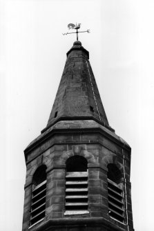 Detail of upper stage of tower and steeple from S.