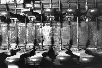 Interior.
Detail of carillon keys with maker's plaque