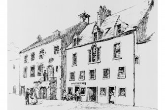 Photographic copy of engraved view of Dumbarton Old Tolbooth and adjacent Mackenzie House, copied from 'Dumbarton Ancient and Modern'.