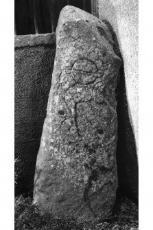 Knockespock House ('Clatt 1'), Pictish symbol stone. View from NNE, dated 16 April 1996.