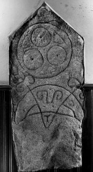 Kinellar (church), symbol stone; view of front face (built into vestibule), dated 17 November 1995.