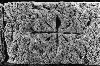 Bourtie Parish Church. Detail of incised cross on wall-coping on S side of church, dated 16 April 1996.