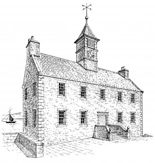 Perspective view from south west. Conjectural reconstruction (Not to scale)
Preparatory drawing for 'Tolbooths and Town-Houses', RCAHMS, 1996.
N.d.