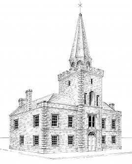 Perspective view. Conjectural reconstruction (not to scale).
Preparatory drawing for 'Tolbooths and Town-Houses', RCAHMS, 1996.
N.d.