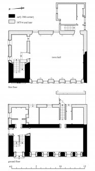 Survey drawings with annotations.  Ground floor plan.  First floor plan.  Second floor plan.  Third floor plan.  W elevation.  Isometric view of early steeple roof structure.
Preparatory drawing for 'Tolbooths and Town Houses', RCAHMS, 1996.