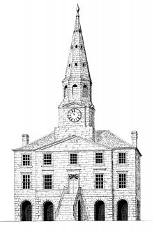 Front elevation, conjectural reconstruction (not to scale)
Preparatory drawing for 'Tolbooths and Town-Houses', RCAHMS, 1996.
N.d.