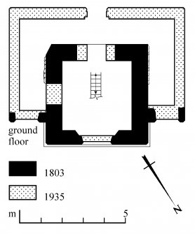 1 sheet of survey drawings: Principal elevation; Ground-floor plan
Preparatory drawing for 'Tolbooths and Town-Houses', RCAHMS, 1996.
