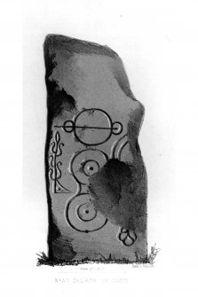 The Knockespock symbol stone from J Stuart, The Sculptured Stones of Scotland, i, pl.5.
