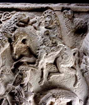 St Andrews Sarcophagus.
Detail of upper, central section of sarcophagus front panel, hunting scene.
Panel 1.