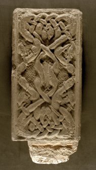 Right-hand corner-post 1B from front of Sarcophagus in Cathedral Museum of St Andrews.
