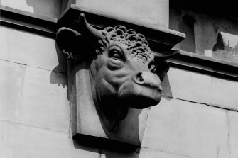 Meat Market, Fountainbridge, Edinburgh.
Detail of carved bull's head over South entrance.