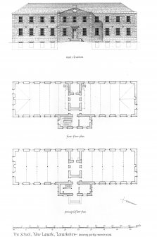 New Lanark, The School.
Photographic copy of elevation and plans.
Titled: 'East elevation' 'first floor plan' 'principal floor plan'