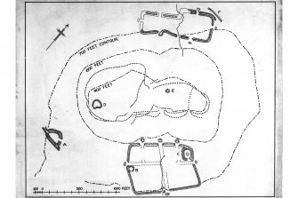 Ink drawing; site plan of Burnswark showing Roman and native works (draft)