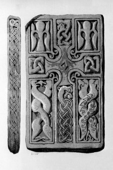 Face and edge panel of the Benvie cross-slab from J Stuart, The Sculptured Stones of Scotland, i, pl. 126