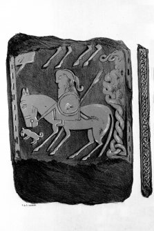 Reverse and edge panel of Kirriemuir cross-slab no.3 (no.2 following Stuart's numbering).
From J Stuart, The Sculptured Stones of Scotland, i, pl. xliv.