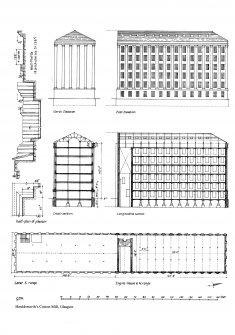 Glasgow, 87-105 Cheapside Street, Houldsworth Cotton Mill.
Plan of mill 'as completed', sections, and elevations of the earlier fireproof range.. Included North Elevation, East Elevation, Cross-Section, Longitudinal Section, plan of Engine-house and North Range, wall-profile and half-plan of pilaster.