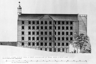 Elevation, plans and cross-section of Bell Mill and gazebo.