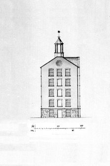 Elevation, plans and cross-section of Bell Mill and gazebo.