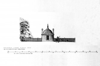 Elevation, plans and cross-section of Bell Mill and gazebo.