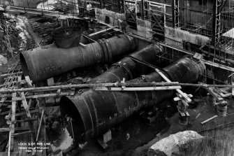 Loch Sloy Pipeline: view of penstock bifurcation, November 1949. Arrol secured the contract for the pipelines and hillside grading, as well as the steelwork and cranes for the Power Station