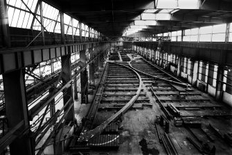 Elevated from south within the erecting shop of Arrol's Dalmarnock Iron Works in Glasgow, showing the new Bonhill Bridge being assembled