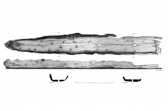 PMT copy of DC 36014). Plan and profile of Errol 2 logboat, drawn for publication as RJC Mowat (1996) Logboats of Scotland (p. 29, fig. 8). Two sheets.