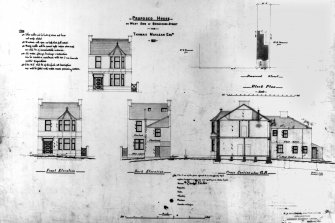 Aberdeen, Bon Accord Street, General.
Plans, elevations, and sections for proposed house on Bon Accord Street.
Insc: 'Proposed house on West Side of Bonaccord Street for Thomas Maclean Esquire -1891-. Block Plan, Front Elevation, Back Elevation, Cross Section on line A.B'.
