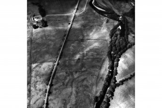 Oblique aerial view of Bochastle Roman Fort and temporary camp.