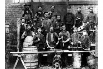 Group photograph of tradesmen with tools of their trade c1900, Sandilands Chemical Works, Links Road, Aberdeen.