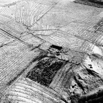 Morton Hill and Cowthrople, oblique aerial view, taken from the NW, showing an area of rig and furrow cultivation across the photograph, and a ruined farmstead in the centre.