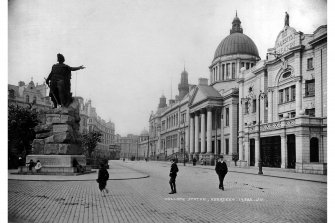 Historic photographic view from E showing the Wallace Statue, His Majesty's Theatre, and the South Church of Scotland.