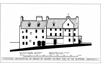 Aberdeen, 48 Shiprow, Provost Ross's House.
Photographic copy of drawing showing elevation of proposed restoration.
Insc. 'Proposed restoration of group of houses on West side of Shiprow, Aberdeen. Nos. 48-50 Shiprow: 16th Century house with frontage dated 1710. Provost Ross's House, Shiprow: frontage dated 1593.' Delt. J. Fenton Wyness 1948.