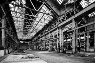 Glasgow, Govan, Linthouse Engine Works, interior, 
General view of central row of stanchion between North and South Halls from South.