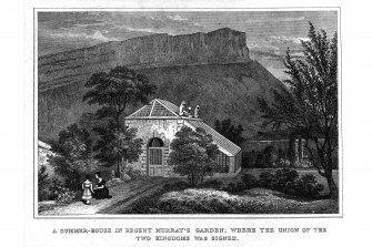 Engraved view of summer-house insc. 'A Summer-house in Regent Murray's garden, where the Union of the Two Kingdom's was signed.' Published in 'Some Notes on Moray House, Edinburgh.' in the NMRS Print Room. Taken from the original publication 'Modern Athens, Displayed in a Series of Views' by Thos. H. Shepherd, 1829.
