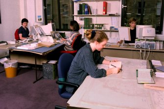 RCAHMS AT WORK
Interior view showing the Data Input Team at work in Room 1.32, John Sinclair House: from left to right - Adrienne O'Loughlin, Jemma Metcalfe-Gibson, Pippa Colchester, Lynn Davidson (absent Clare Sorensen).