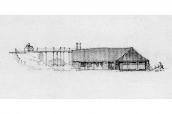 Photograph of drawing showing East Elevation of drying shed, View from South East, South Elevation and Section, and Plan of Drying Shed
Insc. "Geoffrey D Hay, 1975"