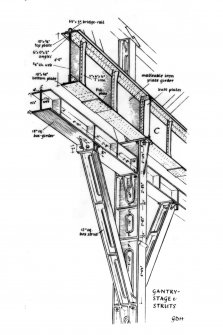Glasgow, Govan, Fairfield Shipbuilding and Engine Works
Composite drawing of roof truss, sanchions and view of gallery.
Insc: 'Rear view of Stanchion Head and Gantry Stage'  'A Roof Truss Details'  'Part View of Gallery Aisle & Machine Hall'  'Stanchion Base' 'Gantry Stage and Struts' 'GDH'.