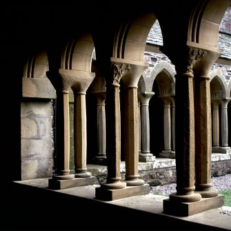 Iona, Iona Abbey, interior.
View of cloisters showing detail of carvings.