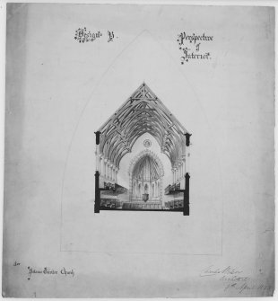 Photographic copy of ink and wash perspective drawing showing interior.