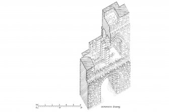 South and North Elevation, Section, Ground and First Floor Plans, and Axonometric Drawing of gatehouse at Skipness Castle
u.s.   u.d.