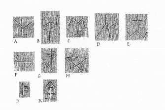 Details of Masons' marks on tower house and tower house door-lintel
u.s.   u.d.
Lorn Inv. Fig. 207