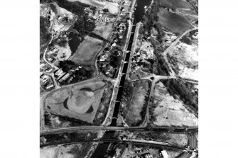 Scanned image of oblique aerial view of Neptune's Staircase, Banavie Swing Bridge and Banavie Railway Swing Bridge