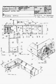 Annotated sketch building details, plan, views from NW and SE
See MS/744/105/3 for item description