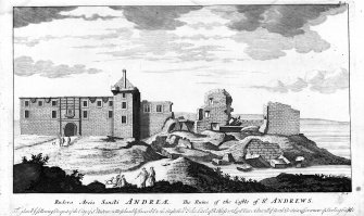 1718 Engraving by John Slezer of St Andrews Castle. Copied from 'Theatrum Scotiae'.
Inscribed 'Rudera Arcis Sancti Andreae.  The Ruins of the Castle of St. Andrews.  This plate following Prospect of the City of St. Andrews is most humbly inscribed to the Right Hon. John Earl of Rothess and Lord Vice Admiral of Britain and Govenour of Stirling Castle.'
