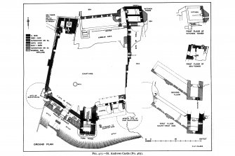 Publication drawing; St Andrews Castle, phased plans at ground, first and second floor. Photographic copy reproduced from the Inventory. 
