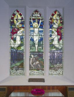 Interior.
View of stained glass window in North wall.