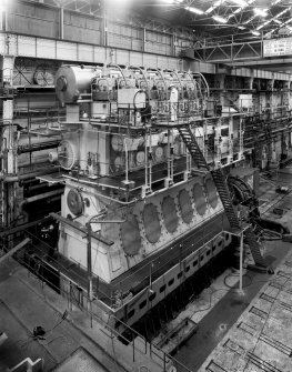 Elevated view of 'MAN B&W 6L8 OMC' marine diesel engine for Chinese bulk carrier being built at Govan Shipbuilders Glasgow.